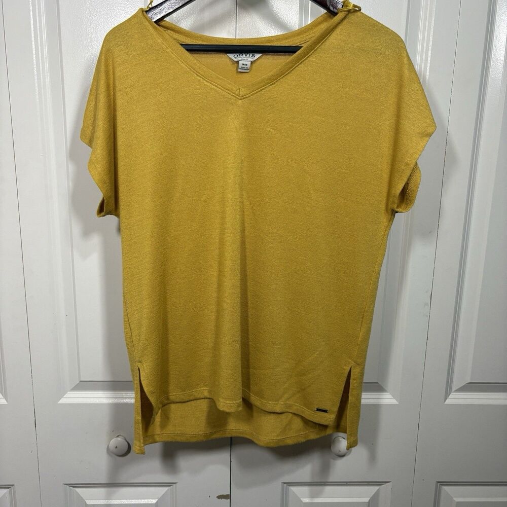 Orvis V-Neck Tunic Knit Top Womens M Yellow Short Sleeve Lightweight Boho Travel